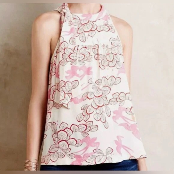 Maeve Cream Bird & Leaf Print High Neck Sleeveless Top.  Size Small - Picture 1 of 11